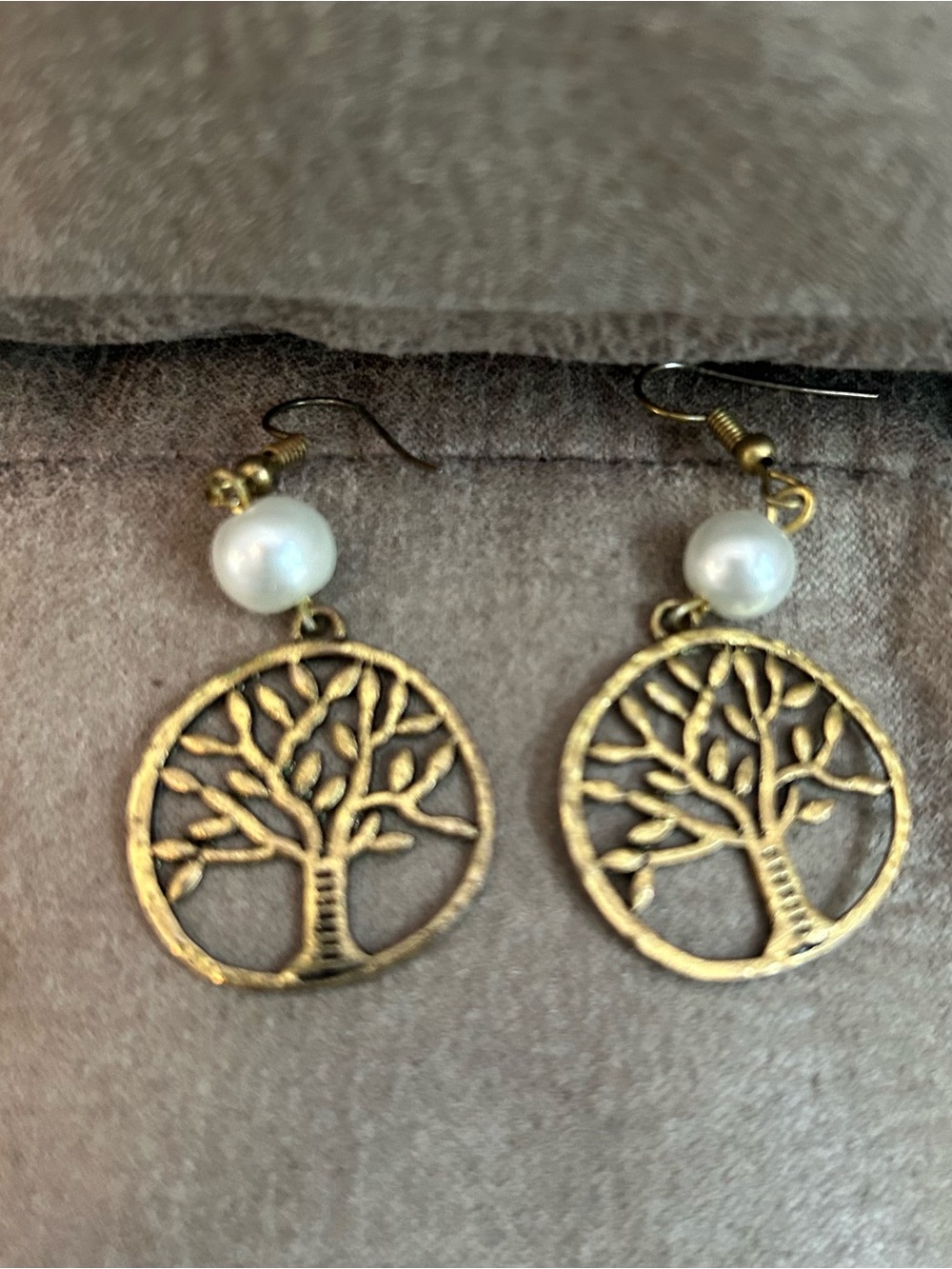 Gold Tree of Life Drop Earrings with White Pearl Accent